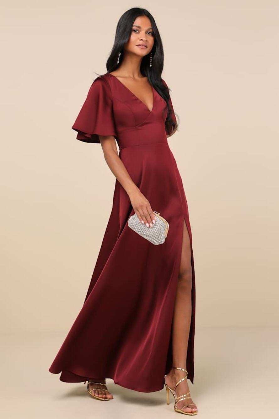 NWT Lulus Elegant Confidence Red Satin Flutter Sleeve Cutout Maxi Dress Size XL